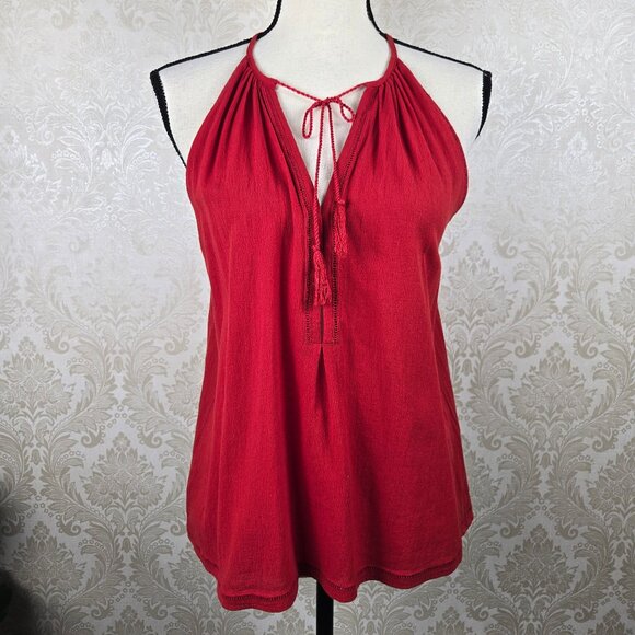 Joie Tops - Joie Size Small 100% Cotton Red Halter Blouse Vneck Keyhole Front Tasseled Ties